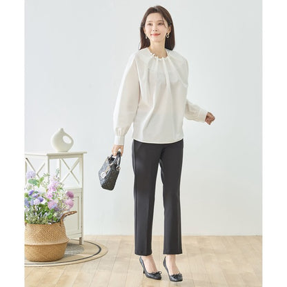 フェイクパール付き ブラウス 長袖 タック ドレープ きれいめ オフィス セレモニー