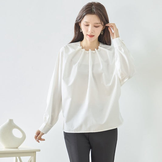 フェイクパール付き ブラウス 長袖 タック ドレープ きれいめ オフィス セレモニー