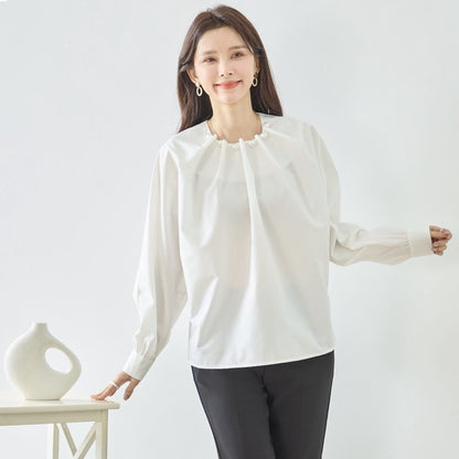 フェイクパール付き ブラウス 長袖 タック ドレープ きれいめ オフィス セレモニー