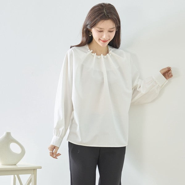 フェイクパール付き ブラウス 長袖 タック ドレープ きれいめ オフィス セレモニー