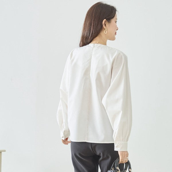 フェイクパール付き ブラウス 長袖 タック ドレープ きれいめ オフィス セレモニー