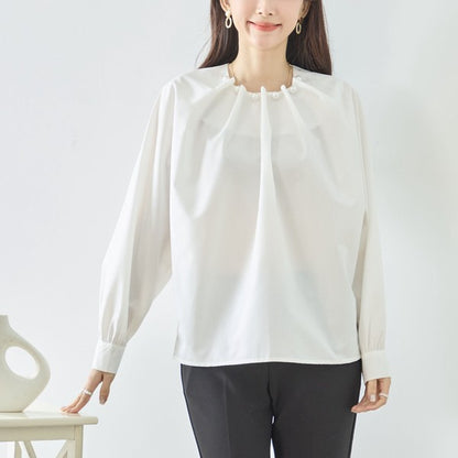 フェイクパール付き ブラウス 長袖 タック ドレープ きれいめ オフィス セレモニー