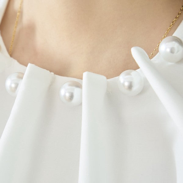 フェイクパール付き ブラウス 長袖 タック ドレープ きれいめ オフィス セレモニー