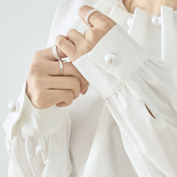 フェイクパール付き ブラウス 長袖 タック ドレープ きれいめ オフィス セレモニー