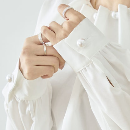 フェイクパール付き ブラウス 長袖 タック ドレープ きれいめ オフィス セレモニー