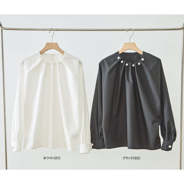 フェイクパール付き ブラウス 長袖 タック ドレープ きれいめ オフィス セレモニー