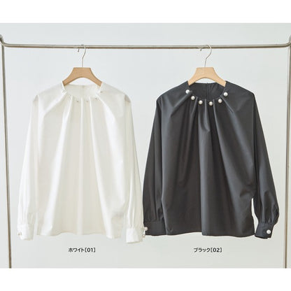 フェイクパール付き ブラウス 長袖 タック ドレープ きれいめ オフィス セレモニー
