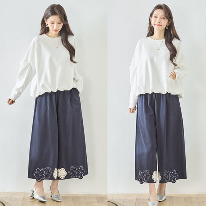 お花パッチワーク ワイドパンツ コットン 綿100% ウエストゴム イージーパンツ ゆったり