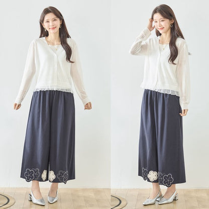 お花パッチワーク ワイドパンツ コットン 綿100% ウエストゴム イージーパンツ ゆったり