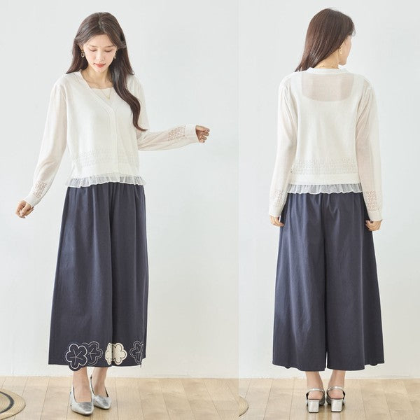 お花パッチワーク ワイドパンツ コットン 綿100% ウエストゴム イージーパンツ ゆったり