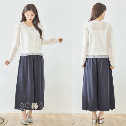 お花パッチワーク ワイドパンツ コットン 綿100% ウエストゴム イージーパンツ ゆったり