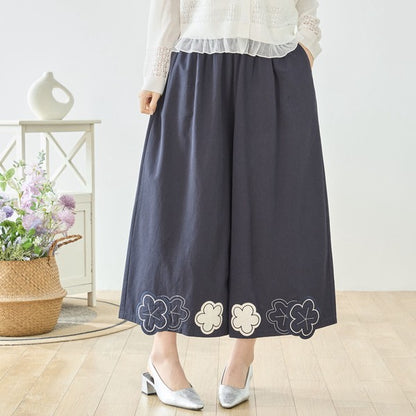 お花パッチワーク ワイドパンツ コットン 綿100% ウエストゴム イージーパンツ ゆったり
