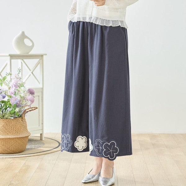 お花パッチワーク ワイドパンツ コットン 綿100% ウエストゴム イージーパンツ ゆったり