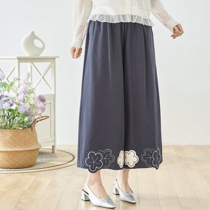 お花パッチワーク ワイドパンツ コットン 綿100% ウエストゴム イージーパンツ ゆったり