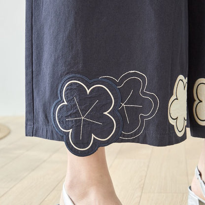 お花パッチワーク ワイドパンツ コットン 綿100% ウエストゴム イージーパンツ ゆったり