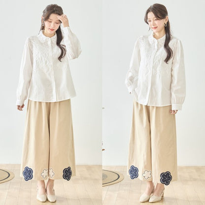 お花パッチワーク ワイドパンツ コットン 綿100% ウエストゴム イージーパンツ ゆったり