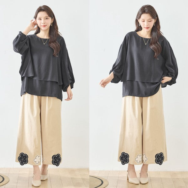 お花パッチワーク ワイドパンツ コットン 綿100% ウエストゴム イージーパンツ ゆったり