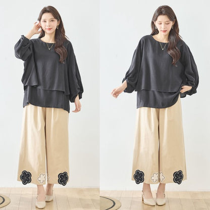 お花パッチワーク ワイドパンツ コットン 綿100% ウエストゴム イージーパンツ ゆったり