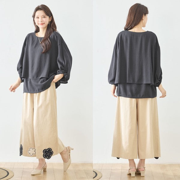 お花パッチワーク ワイドパンツ コットン 綿100% ウエストゴム イージーパンツ ゆったり