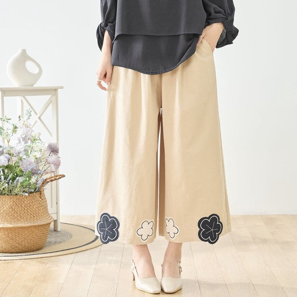 お花パッチワーク ワイドパンツ コットン 綿100% ウエストゴム イージーパンツ ゆったり