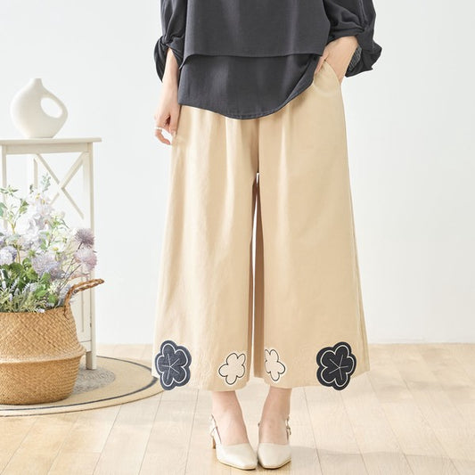お花パッチワーク ワイドパンツ コットン 綿100% ウエストゴム イージーパンツ ゆったり