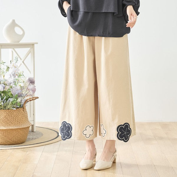 お花パッチワーク ワイドパンツ コットン 綿100% ウエストゴム イージーパンツ ゆったり
