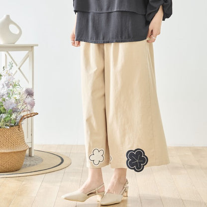 お花パッチワーク ワイドパンツ コットン 綿100% ウエストゴム イージーパンツ ゆったり