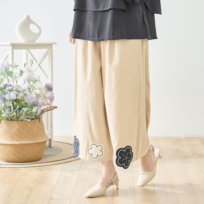 お花パッチワーク ワイドパンツ コットン 綿100% ウエストゴム イージーパンツ ゆったり