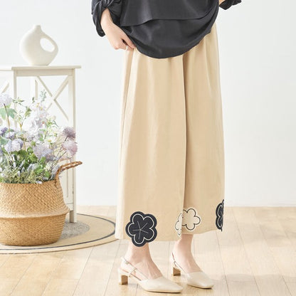 お花パッチワーク ワイドパンツ コットン 綿100% ウエストゴム イージーパンツ ゆったり