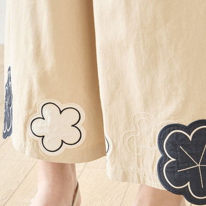 お花パッチワーク ワイドパンツ コットン 綿100% ウエストゴム イージーパンツ ゆったり