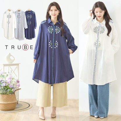 【L-LL】エレガントエンブロイダリードレスシャツ 刺繍 ロング丈 綿100% 羽織り 体型カバー TRUBE