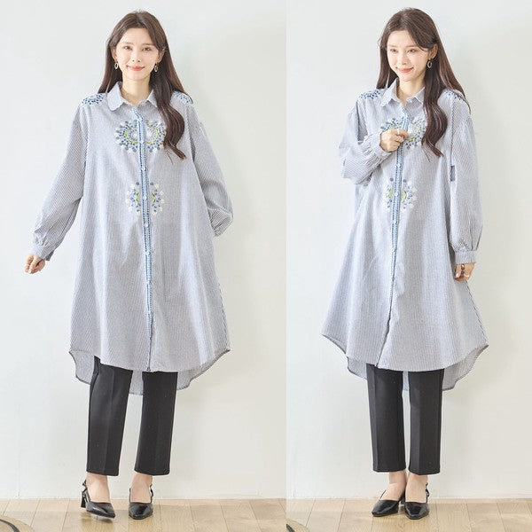 【L-LL】エレガントエンブロイダリードレスシャツ 刺繍 ロング丈 綿100% 羽織り 体型カバー TRUBE