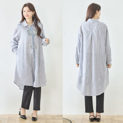 【L-LL】エレガントエンブロイダリードレスシャツ 刺繍 ロング丈 綿100% 羽織り 体型カバー TRUBE