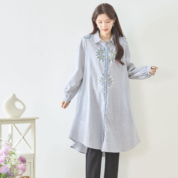【L-LL】エレガントエンブロイダリードレスシャツ 刺繍 ロング丈 綿100% 羽織り 体型カバー TRUBE