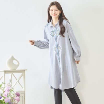 【L-LL】エレガントエンブロイダリードレスシャツ 刺繍 ロング丈 綿100% 羽織り 体型カバー TRUBE