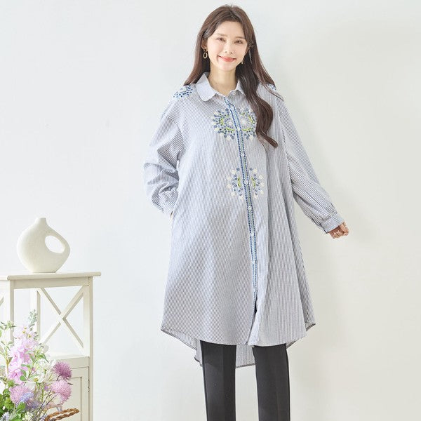 【L-LL】エレガントエンブロイダリードレスシャツ 刺繍 ロング丈 綿100% 羽織り 体型カバー TRUBE