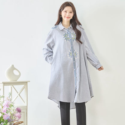 【L-LL】エレガントエンブロイダリードレスシャツ 刺繍 ロング丈 綿100% 羽織り 体型カバー TRUBE