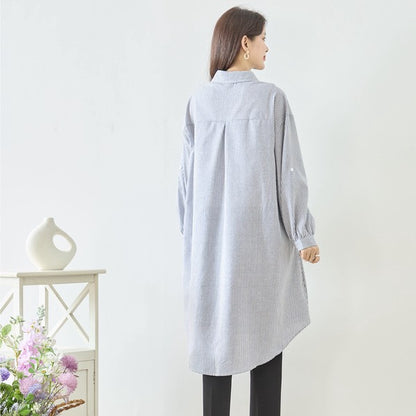 【L-LL】エレガントエンブロイダリードレスシャツ 刺繍 ロング丈 綿100% 羽織り 体型カバー TRUBE