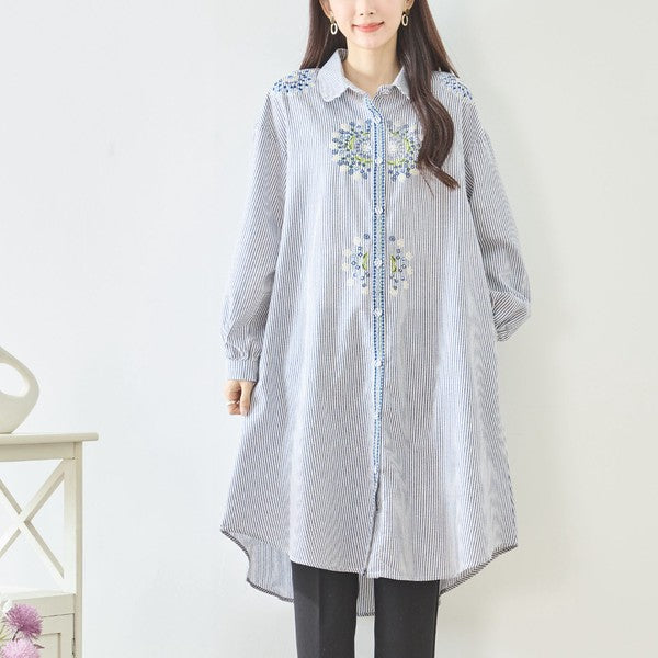 【L-LL】エレガントエンブロイダリードレスシャツ 刺繍 ロング丈 綿100% 羽織り 体型カバー TRUBE