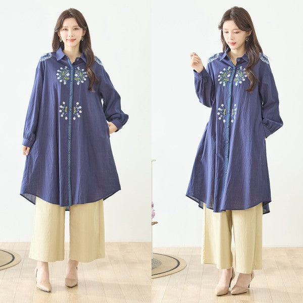 【L-LL】エレガントエンブロイダリードレスシャツ 刺繍 ロング丈 綿100% 羽織り 体型カバー TRUBE