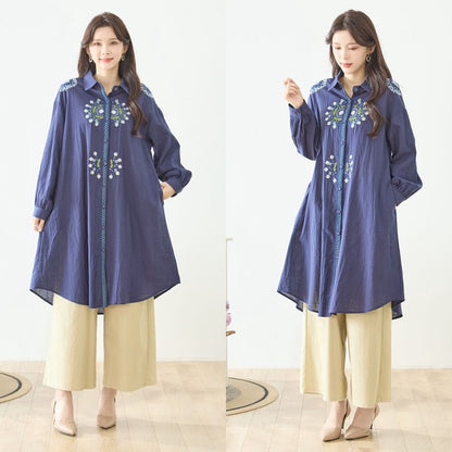 【L-LL】エレガントエンブロイダリードレスシャツ 刺繍 ロング丈 綿100% 羽織り 体型カバー TRUBE