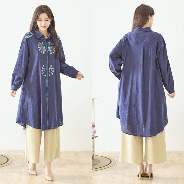 【L-LL】エレガントエンブロイダリードレスシャツ 刺繍 ロング丈 綿100% 羽織り 体型カバー TRUBE