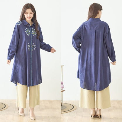 【L-LL】エレガントエンブロイダリードレスシャツ 刺繍 ロング丈 綿100% 羽織り 体型カバー TRUBE