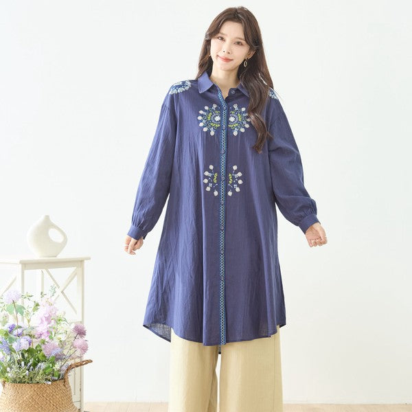 【L-LL】エレガントエンブロイダリードレスシャツ 刺繍 ロング丈 綿100% 羽織り 体型カバー TRUBE