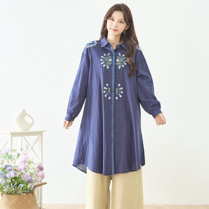 【L-LL】エレガントエンブロイダリードレスシャツ 刺繍 ロング丈 綿100% 羽織り 体型カバー TRUBE