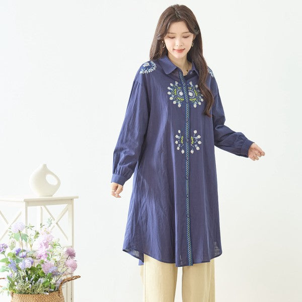 【L-LL】エレガントエンブロイダリードレスシャツ 刺繍 ロング丈 綿100% 羽織り 体型カバー TRUBE