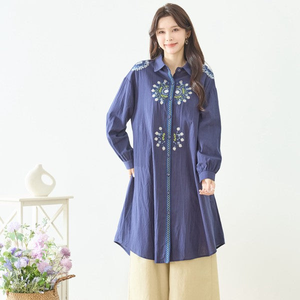 【L-LL】エレガントエンブロイダリードレスシャツ 刺繍 ロング丈 綿100% 羽織り 体型カバー TRUBE