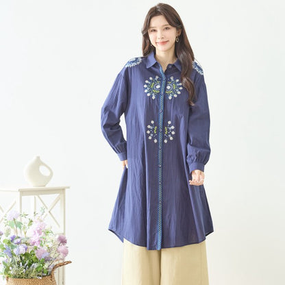 【L-LL】エレガントエンブロイダリードレスシャツ 刺繍 ロング丈 綿100% 羽織り 体型カバー TRUBE