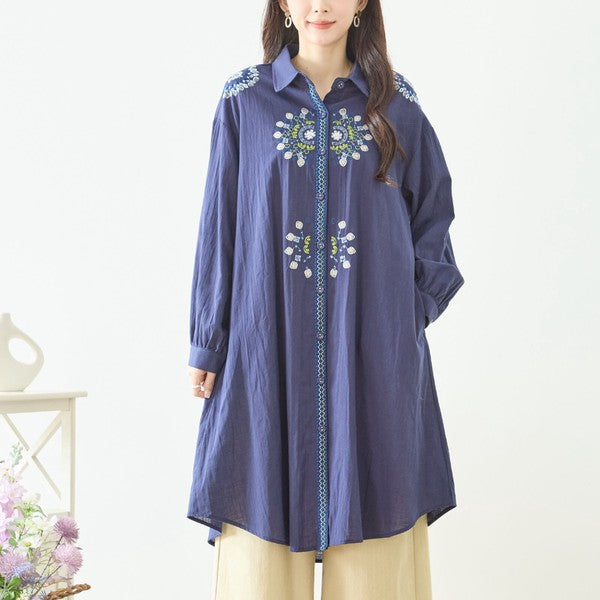 【L-LL】エレガントエンブロイダリードレスシャツ 刺繍 ロング丈 綿100% 羽織り 体型カバー TRUBE
