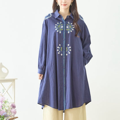 【L-LL】エレガントエンブロイダリードレスシャツ 刺繍 ロング丈 綿100% 羽織り 体型カバー TRUBE